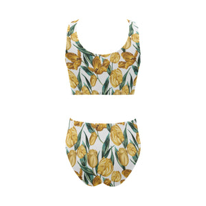 yellow tulips pattern Chest Bowknot High Waisted Bikini Swimsuit