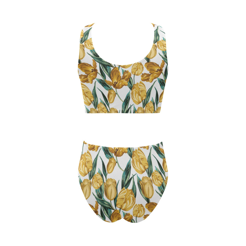 yellow tulips pattern Chest Bowknot High Waisted Bikini Swimsuit
