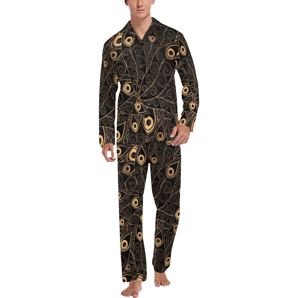 Gold peacock feather pattern Men's Long Pajama Set