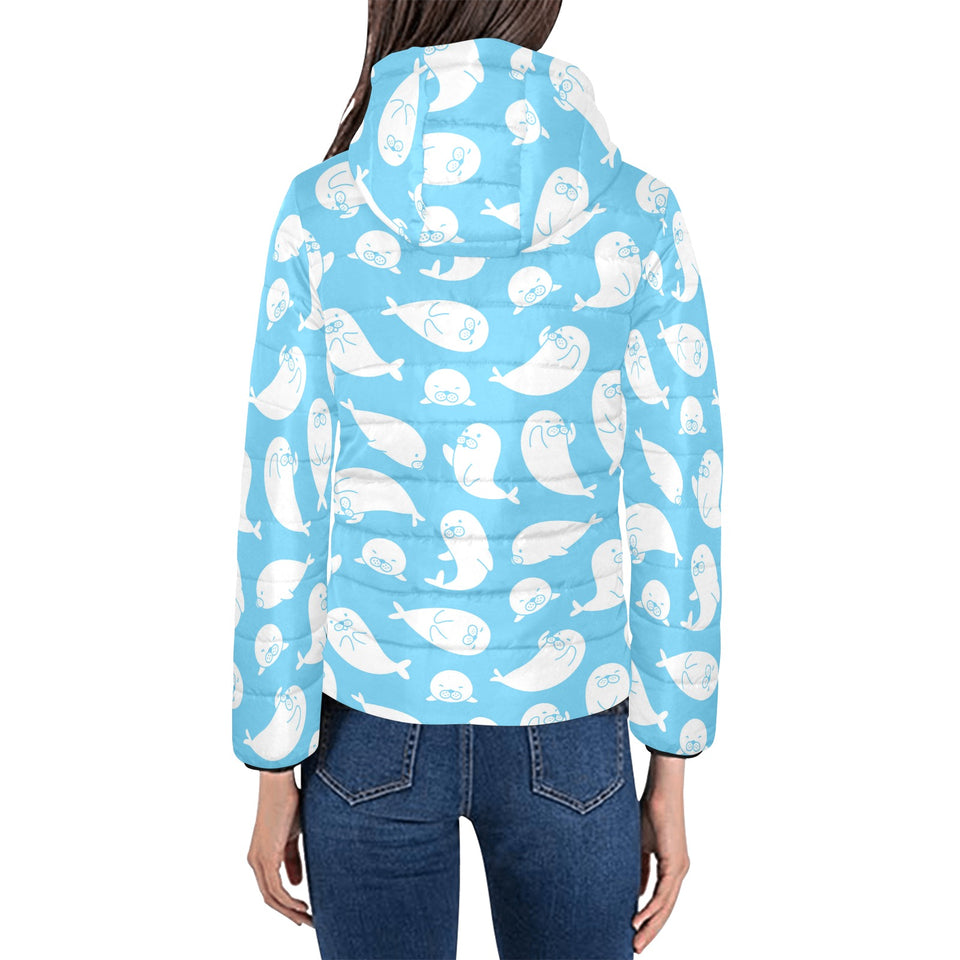 Cute white sea lion seals pattern Women's Padded Hooded Jacket