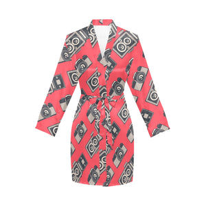 Camera Pattern Print Design 05 Women's Long Sleeve Belted Night Robe