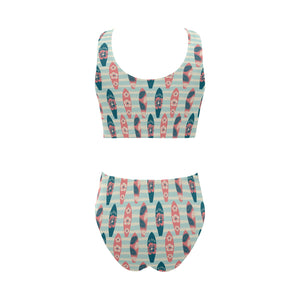 Surfboard Pattern Print Design 02 Chest Bowknot High Waisted Bikini Swimsuit