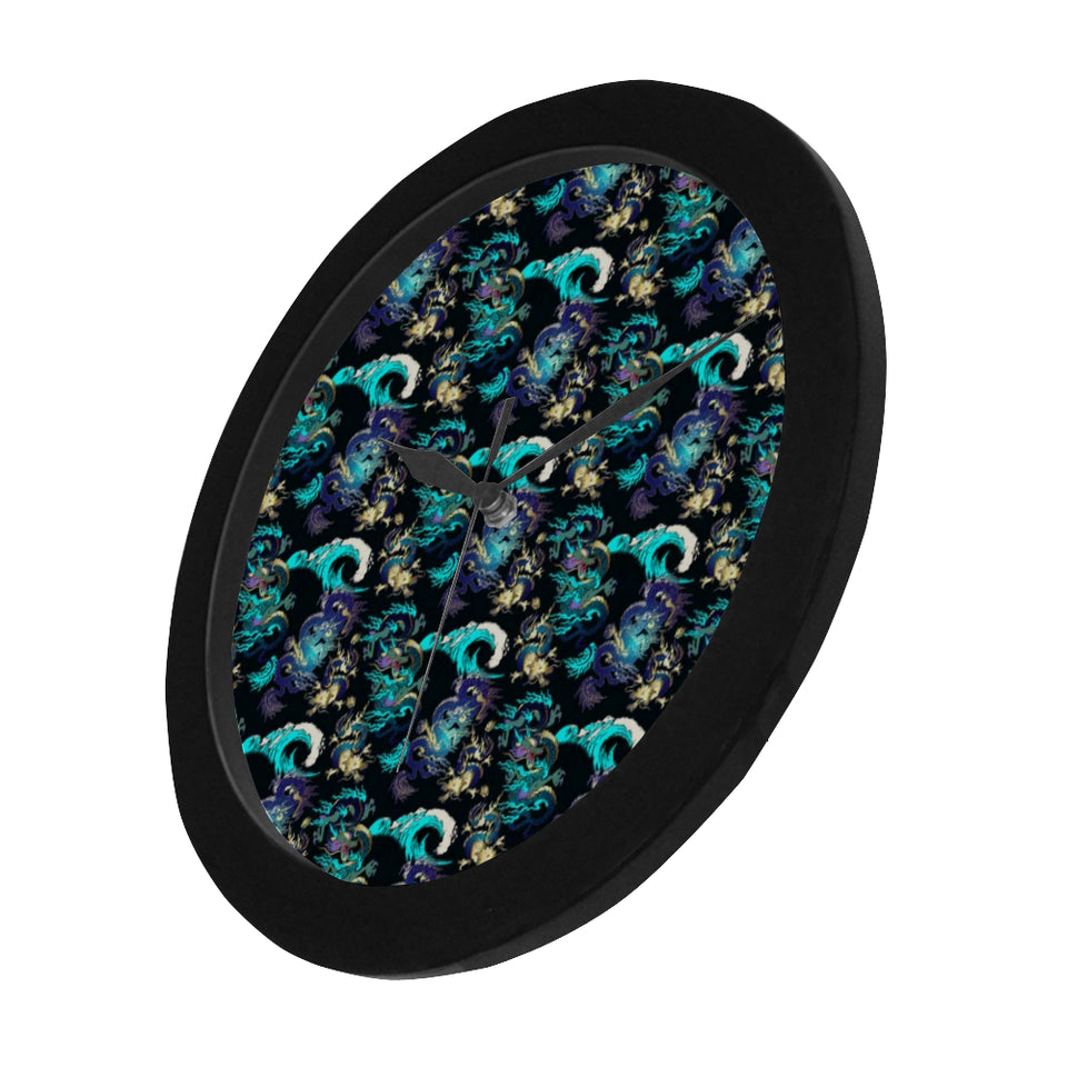 Dragon sea wave pattern Elegant Black Wall Clock
