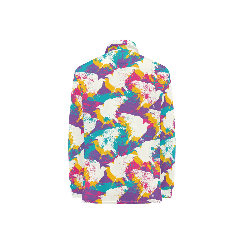 Colorful crow illustration pattern Women's Long Sleeve Polo Shirt