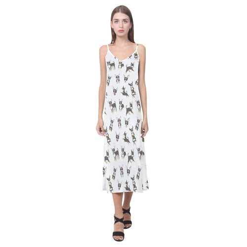 Chihuahua dog pattern V-Neck Open Fork Long Dress