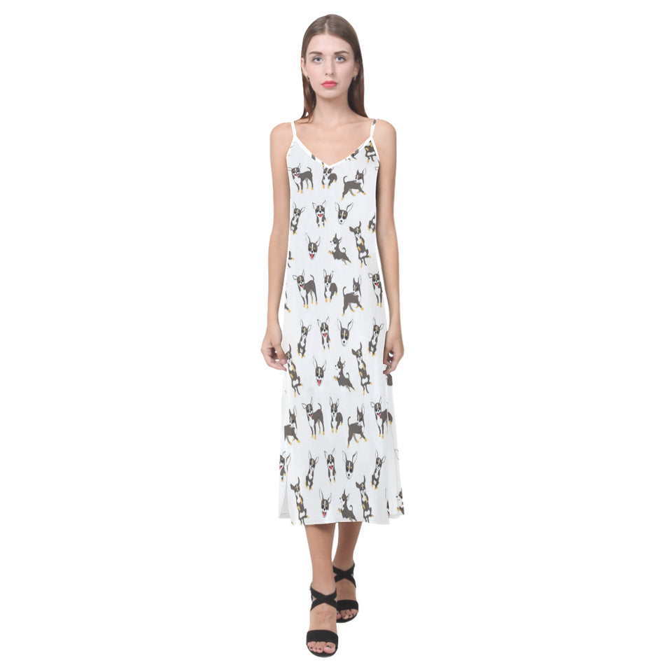 Chihuahua dog pattern V-Neck Open Fork Long Dress