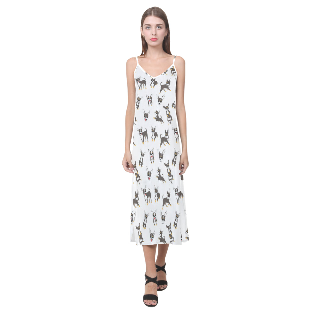 Chihuahua dog pattern V-Neck Open Fork Long Dress