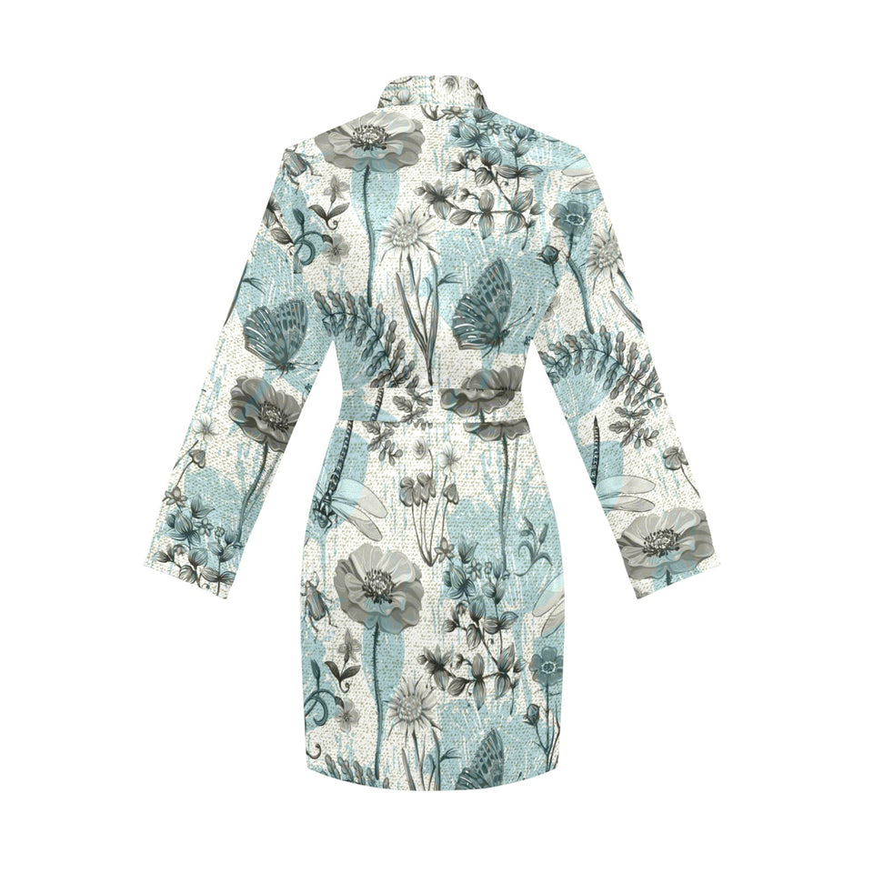 Dragonfly Butterfly Plants insect flower vintage s Women's Long Sleeve Belted Night Robe