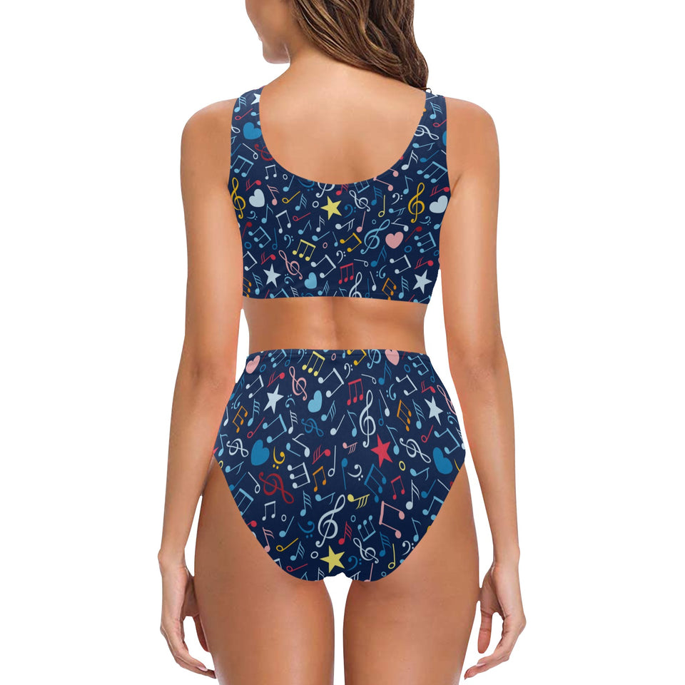 Music Notes Pattern Print Design 03 Chest Bowknot High Waisted Bikini Swimsuit