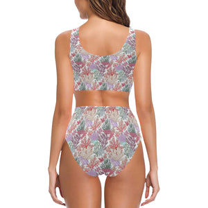 Coral Reef Pattern Print Design 03 Chest Bowknot High Waisted Bikini Swimsuit