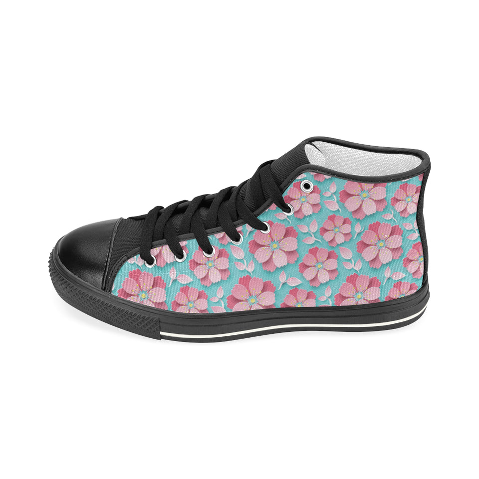 3D sakura cherry blossom pattern Men's High Top Canvas Shoes Black