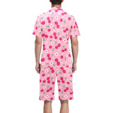 cherry flower pattern pink background Men's V-Neck Short Pajama Set