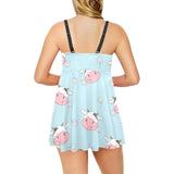 Cute cow flower pattern Chest Sexy Pleated Two Piece Swim Dress