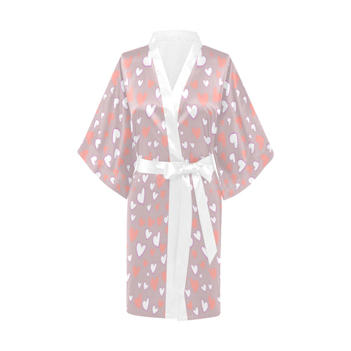 coral white heart pattern Women's Short Kimono Robe