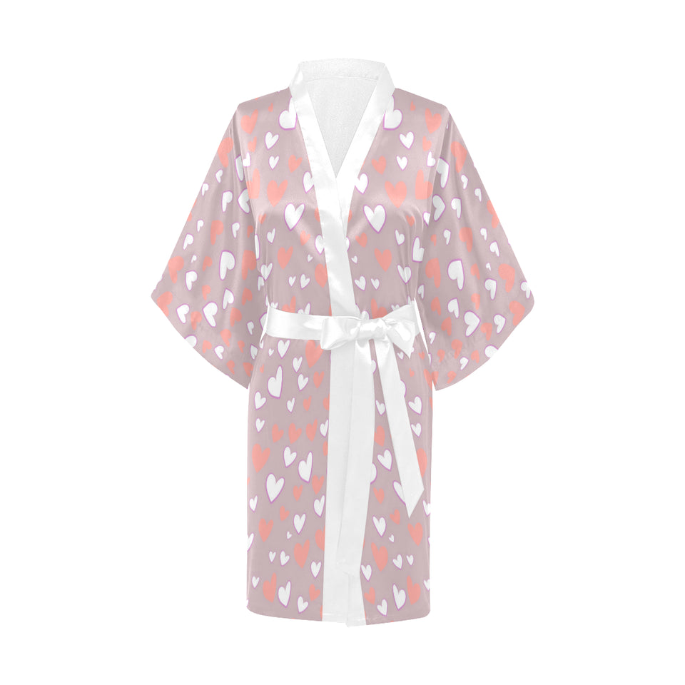 coral white heart pattern Women's Short Kimono Robe