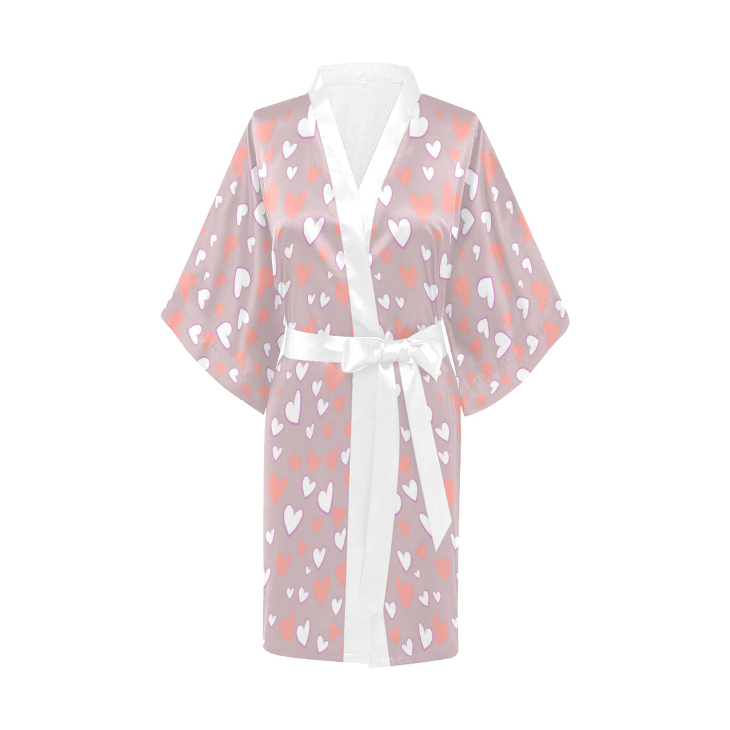 coral white heart pattern Women's Short Kimono Robe