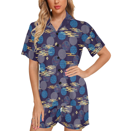 Blue japanese pattern cloud wave flower Women's V-Neck Short Pajama Set