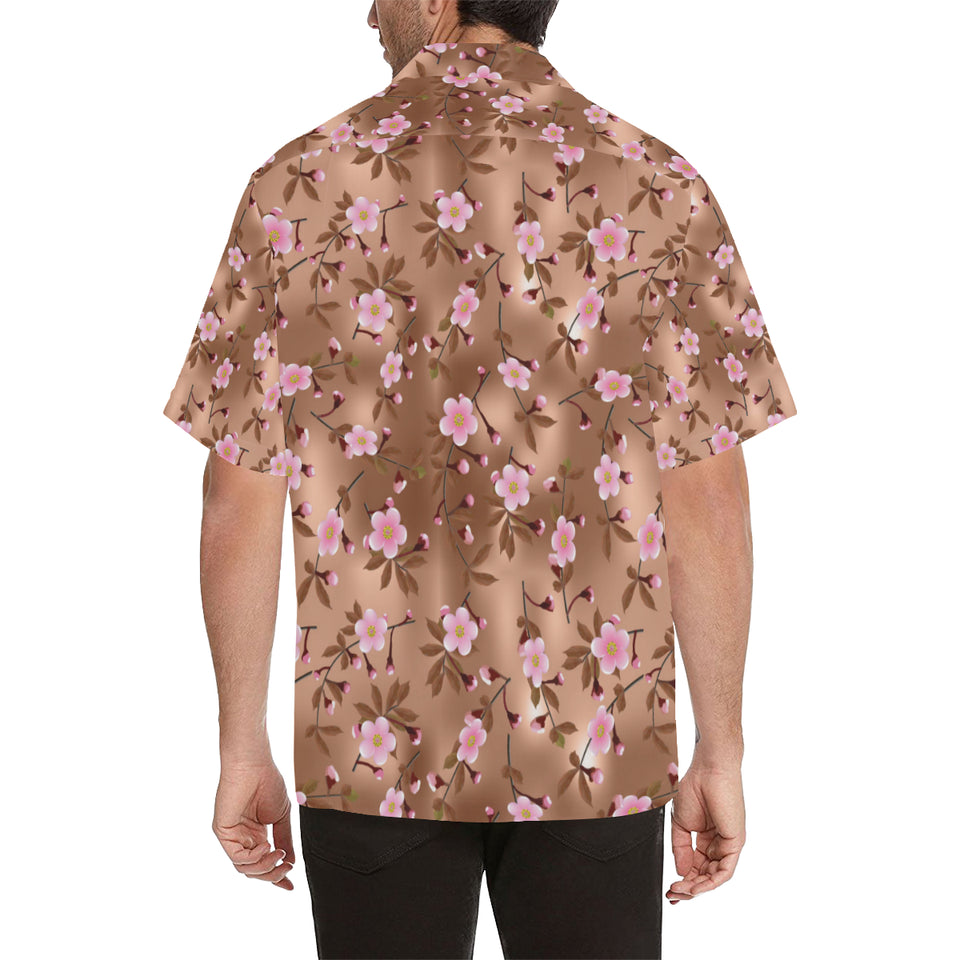 Pink sakura cherry blossom drak brown background Men's All Over Print Hawaiian Shirt