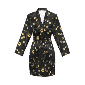 Dog Paws Pattern Print Design 05 Women's Long Sleeve Belted Night Robe