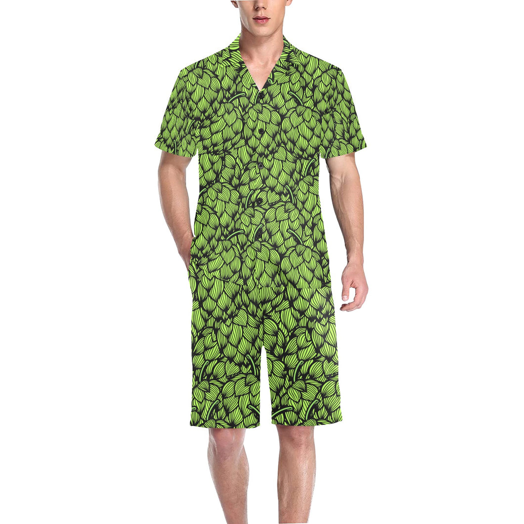 Green hop pattern Men's V-Neck Short Pajama Set