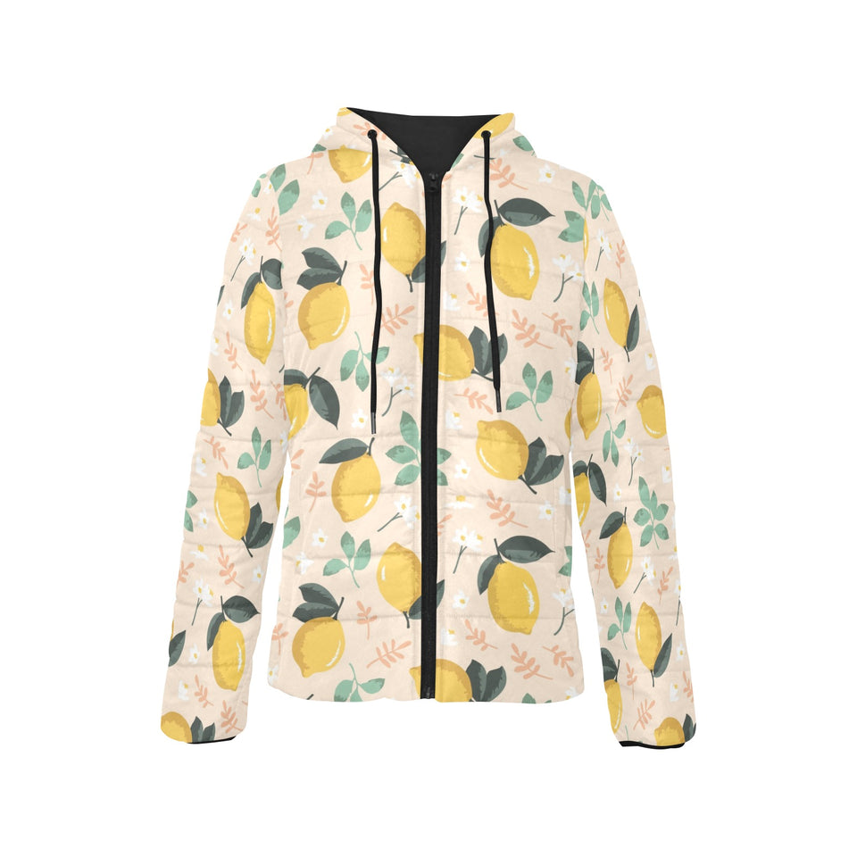 lemon flower leave pattern Women's Padded Hooded Jacket