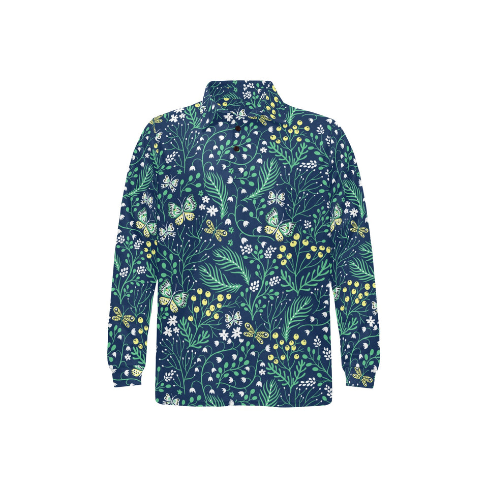 butterfly leaves pattern Men's Long Sleeve Polo Shirt