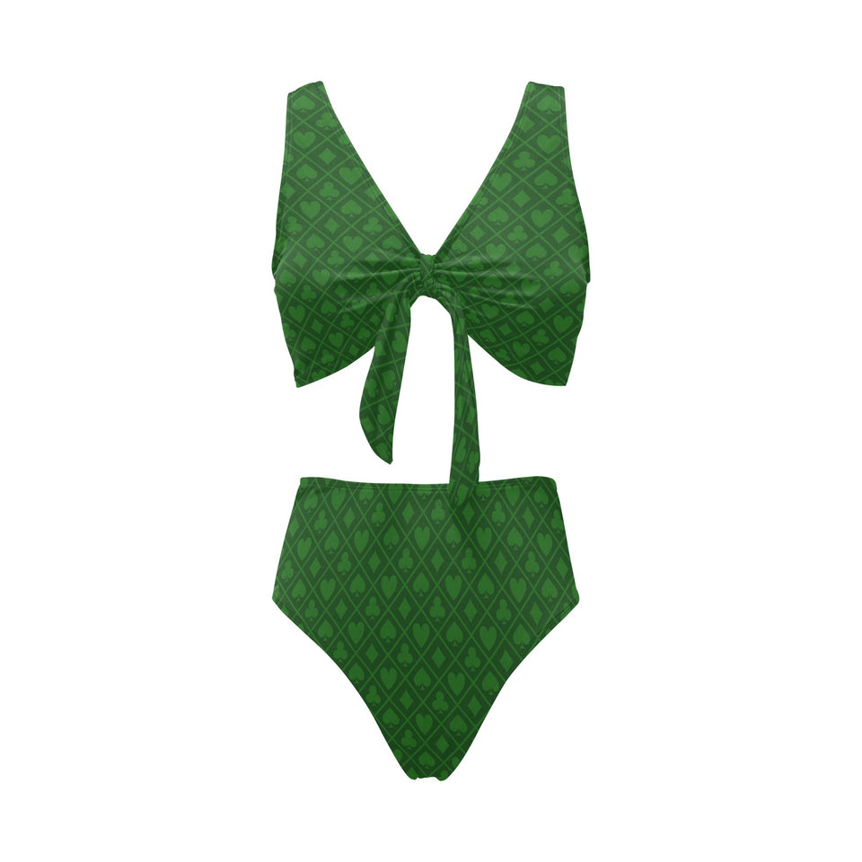 Casino Cards Suits Pattern Print Design 04 Chest Bowknot High Waisted Bikini Swimsuit