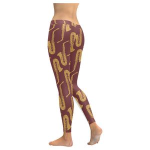 Hand drawn gold saxophone red background Women's Legging Fulfilled In US