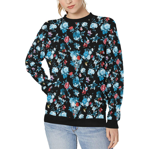 Skull flower roses leave pattern Women's Crew Neck Sweatshirt