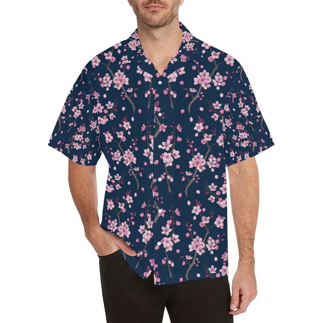 Pink sakura cherry blossom blue background Men's All Over Print Hawaiian Shirt