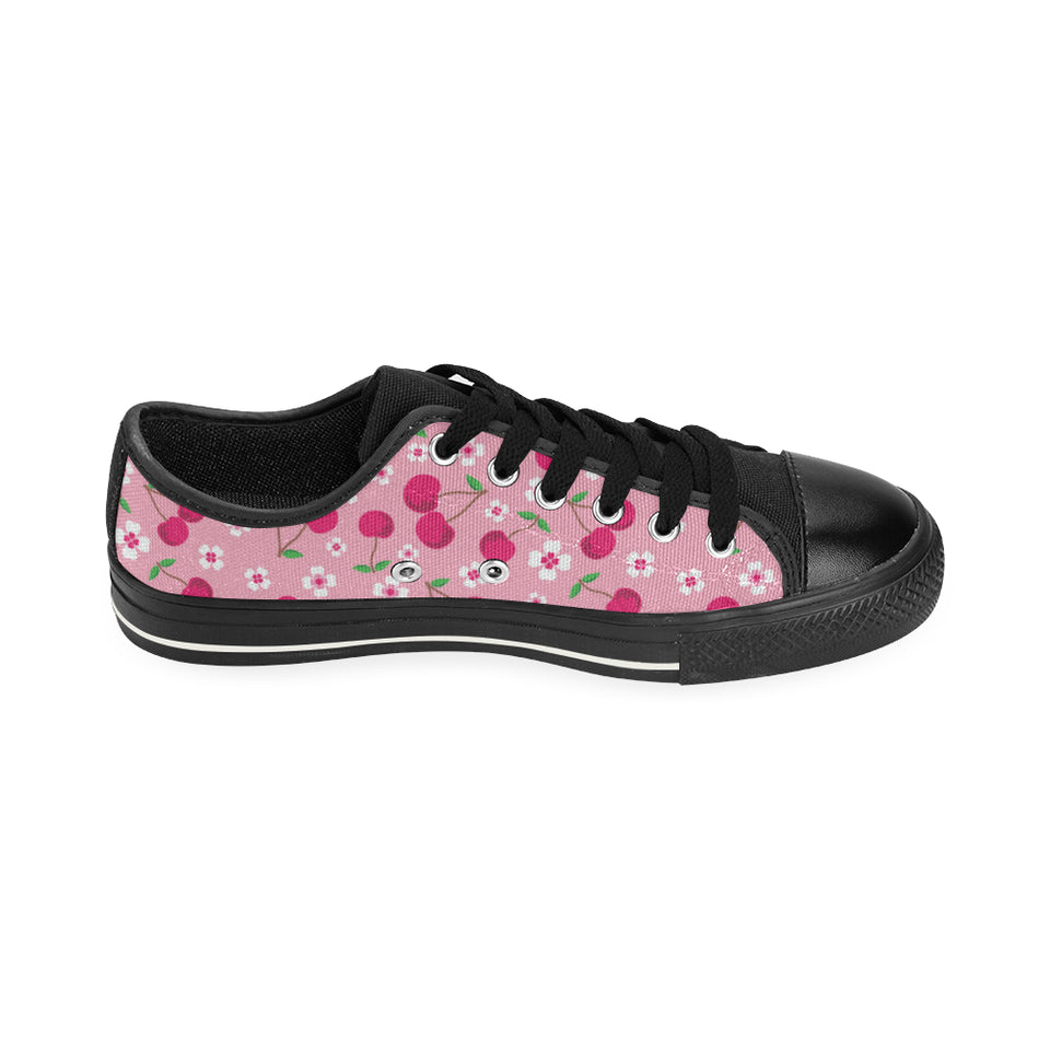 cherry flower pattern pink background Men's Low Top Canvas Shoes Black