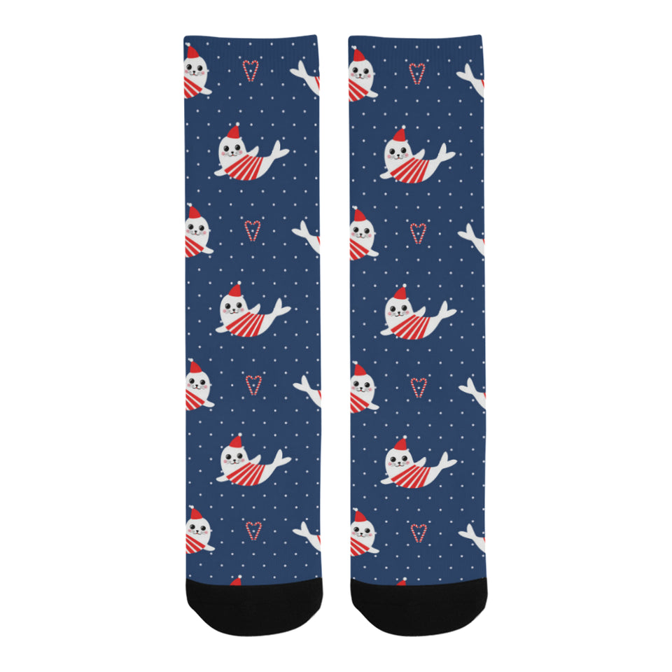Cute sea lion seal christmas hat candy cane heart Crew Socks