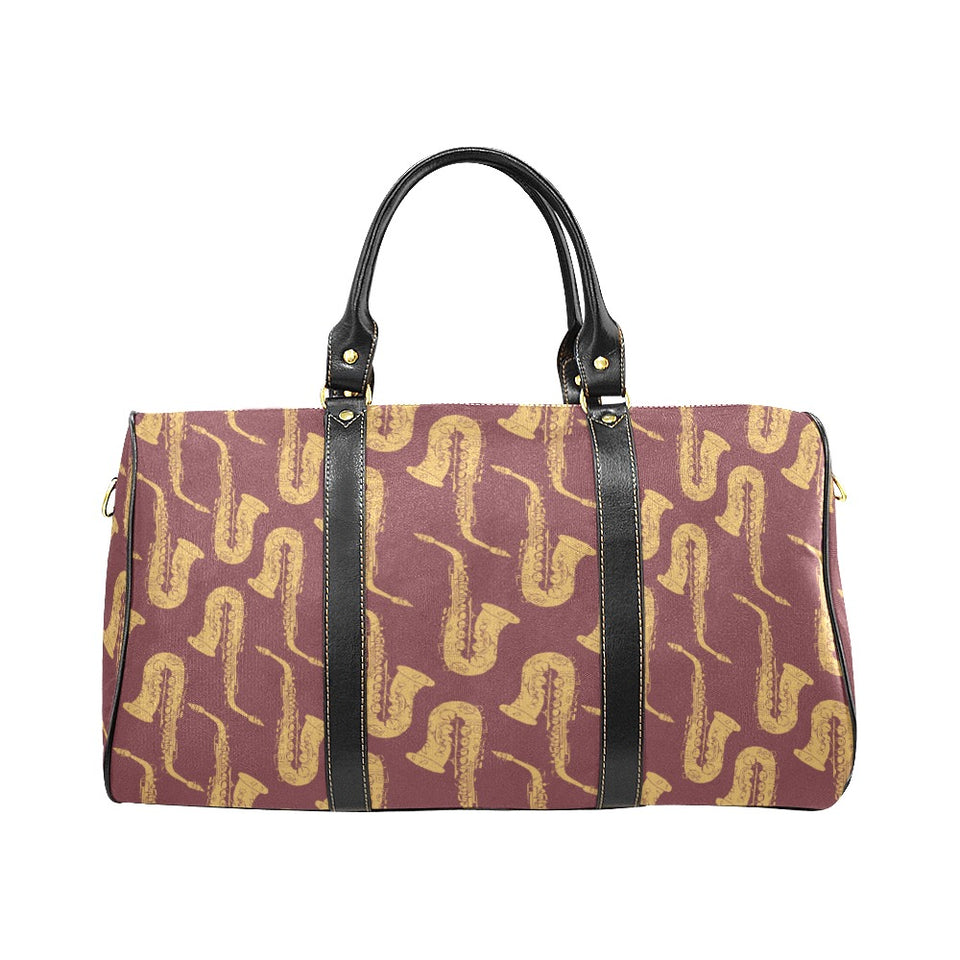 Hand drawn gold saxophone red background Travel Bag