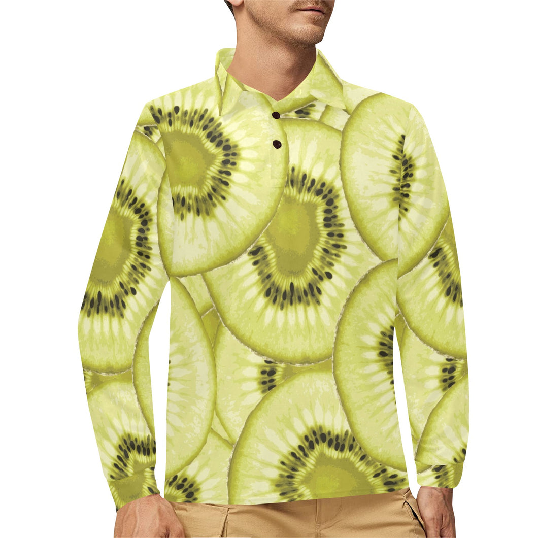 Sliced kiwi pattern Men's Long Sleeve Polo Shirt