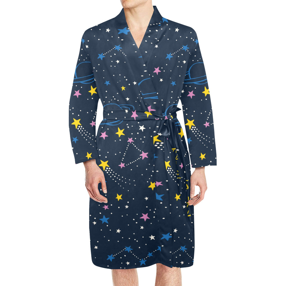 space pattern with planets, comets, constellations Men's Long Sleeve Belted Night Robe