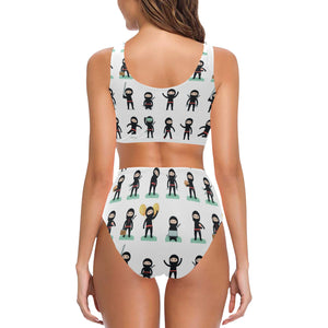 Cute ninja katana sword pattern Chest Bowknot High Waisted Bikini Swimsuit