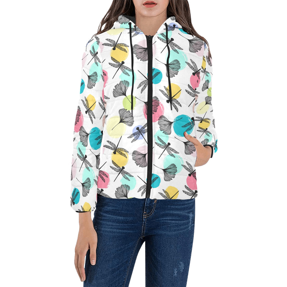 Dragonflies ginkgo leaves pattern Women's Padded Hooded Jacket