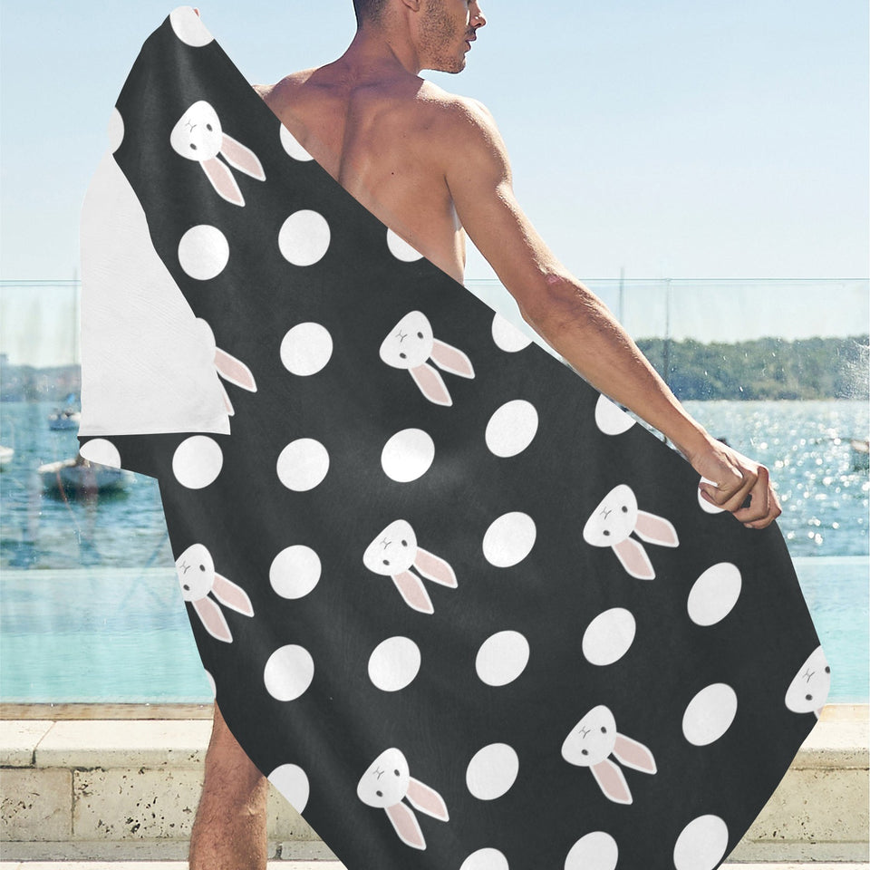 Cute white rabbit polka dots black background Beach Towel