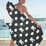 Cute white rabbit polka dots black background Beach Towel
