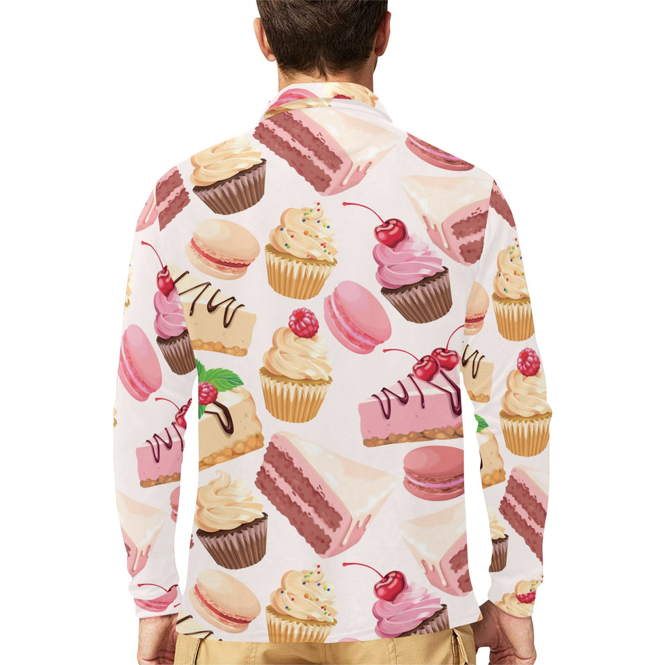 Cake cupcake sweets pattern Men's Long Sleeve Polo Shirt