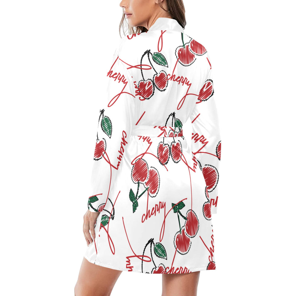 Hand drawn cherry pattern Women's Long Sleeve Belted Night Robe