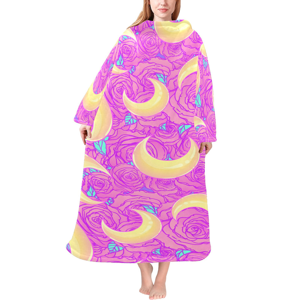 Moon pink rose background Blanket Robe with Sleeves