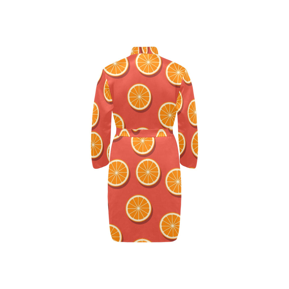 Oranges pattern red background Men's Long Sleeve Belted Night Robe