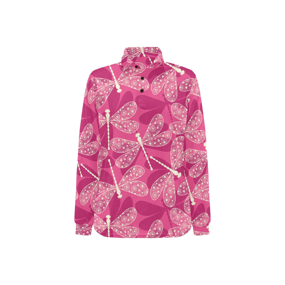 Beautiful dragonfly pink background Women's Long Sleeve Polo Shirt
