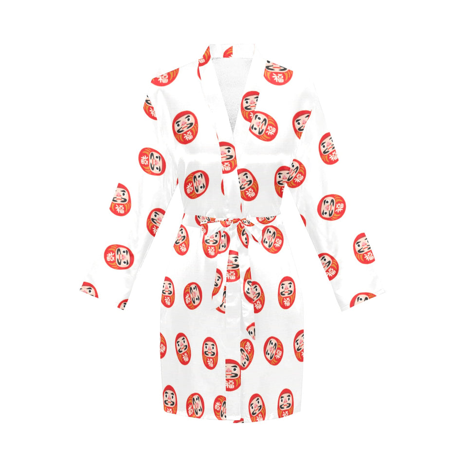 Daruma japanese wooden doll pattern Women's Long Sleeve Belted Night Robe