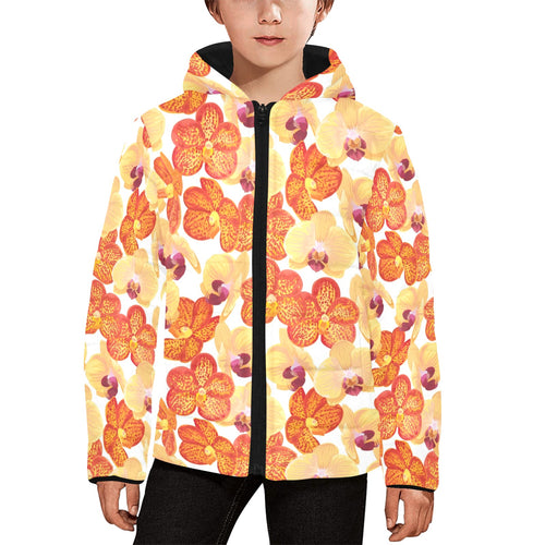 Orange yellow orchid flower pattern background Kids' Boys' Girls' Padded Hooded Jacket
