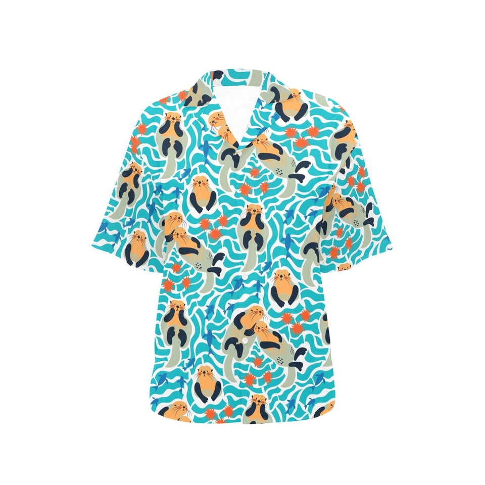 Cute sea otters fishe sea urchin pattern Women's All Over Print Hawaiian Shirt