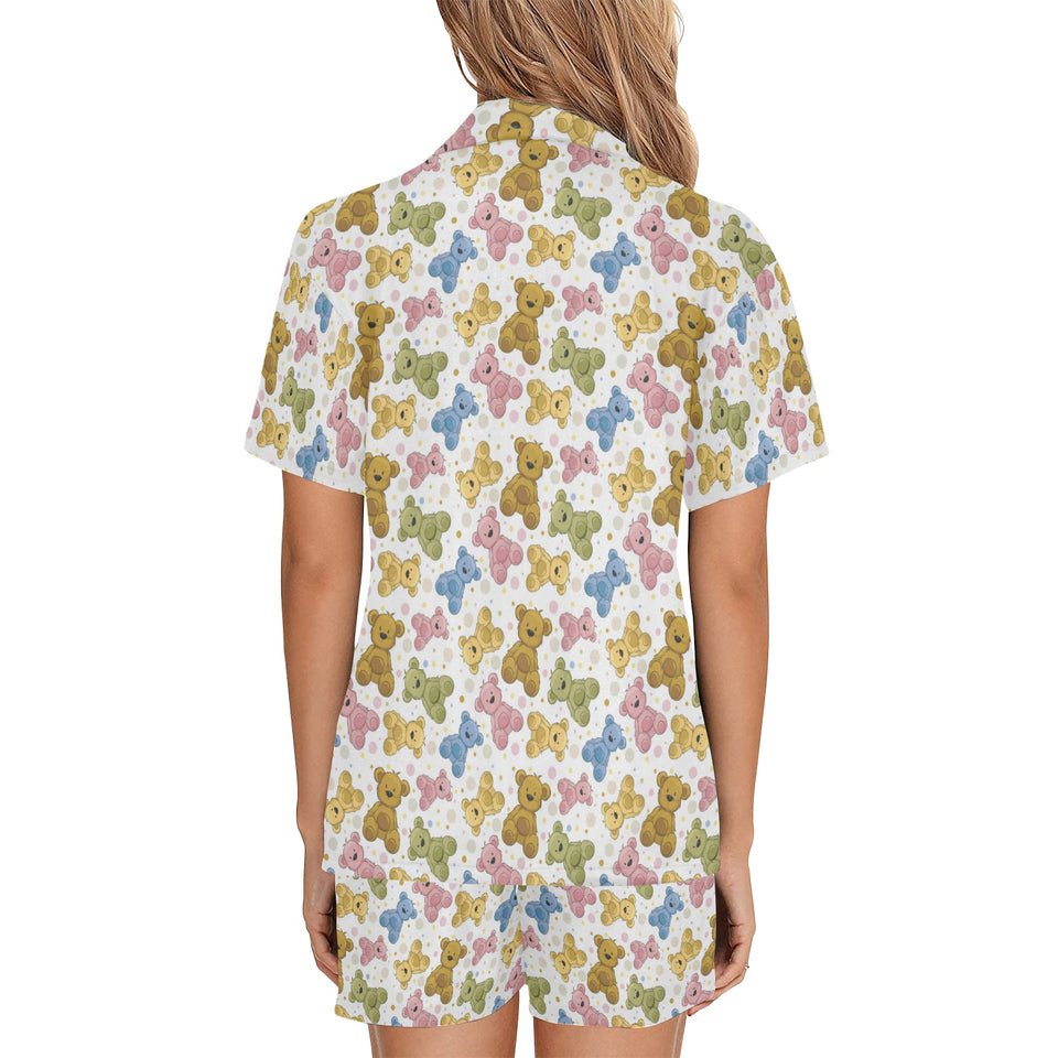 Teddy Bear Pattern Print Design 01 Women's V-Neck Short Pajama Set