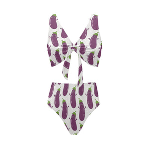 Eggplant Pattern Print Design 01 Chest Bowknot High Waisted Bikini Swimsuit