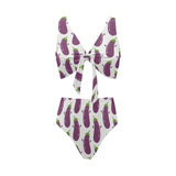 Eggplant Pattern Print Design 01 Chest Bowknot High Waisted Bikini Swimsuit